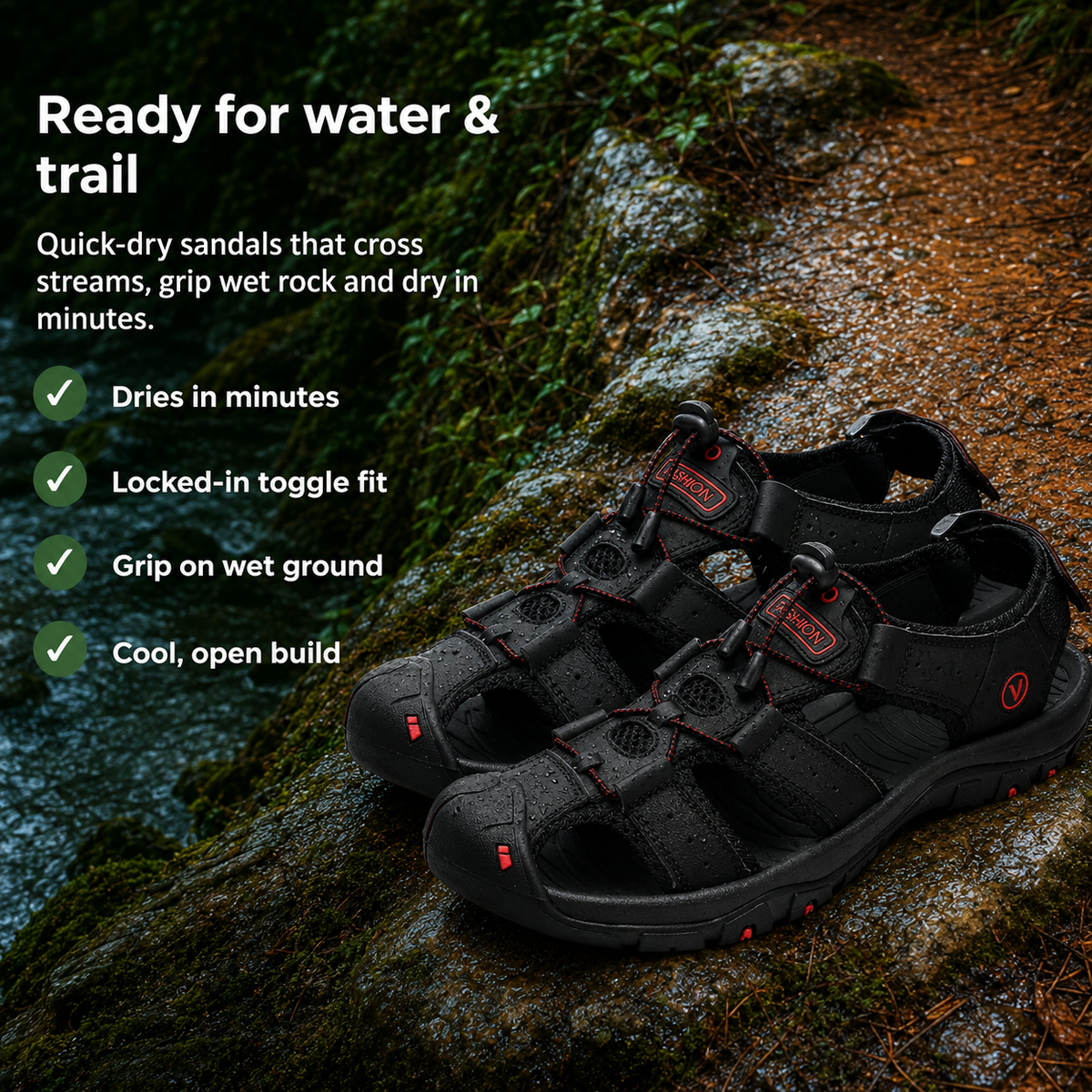 Fordova – Quick-Dry Lightweight Hiking Sandals with Adjustable Straps & Grip Outsole