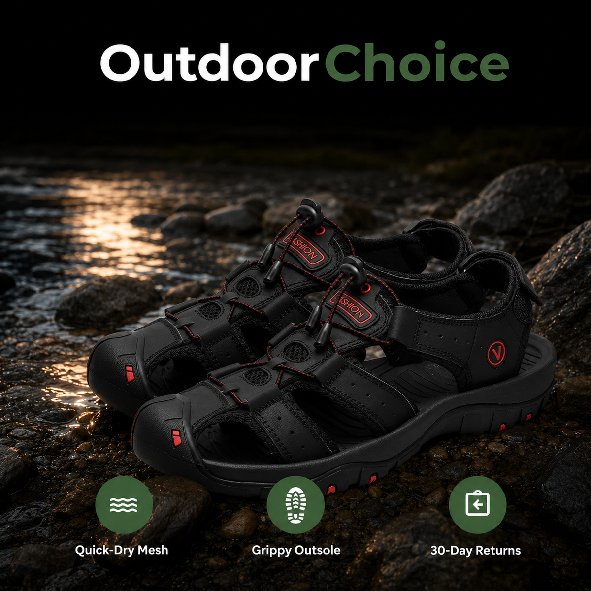 Fordova – Quick-Dry Lightweight Hiking Sandals with Adjustable Straps & Grip Outsole
