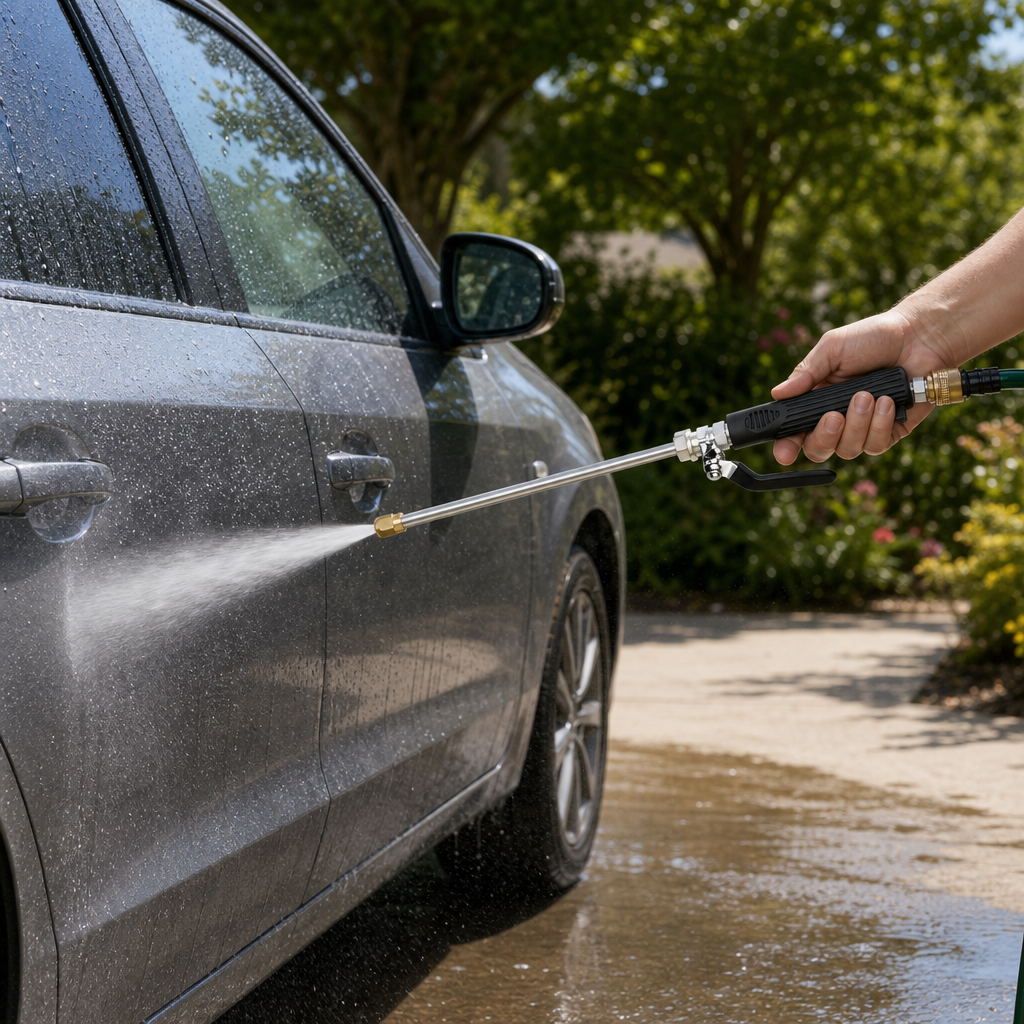 Torrix hose spray gun spraying a car on a driveway