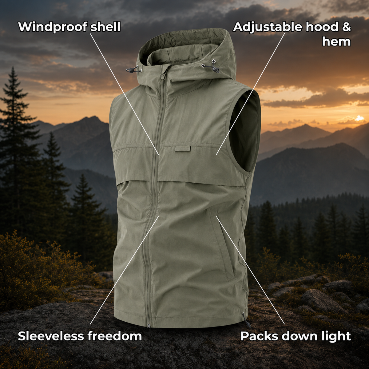 Windova – Hooded Sleeveless Gilet with Windproof Shell & Adjustable Hood for Hiking & Fishing