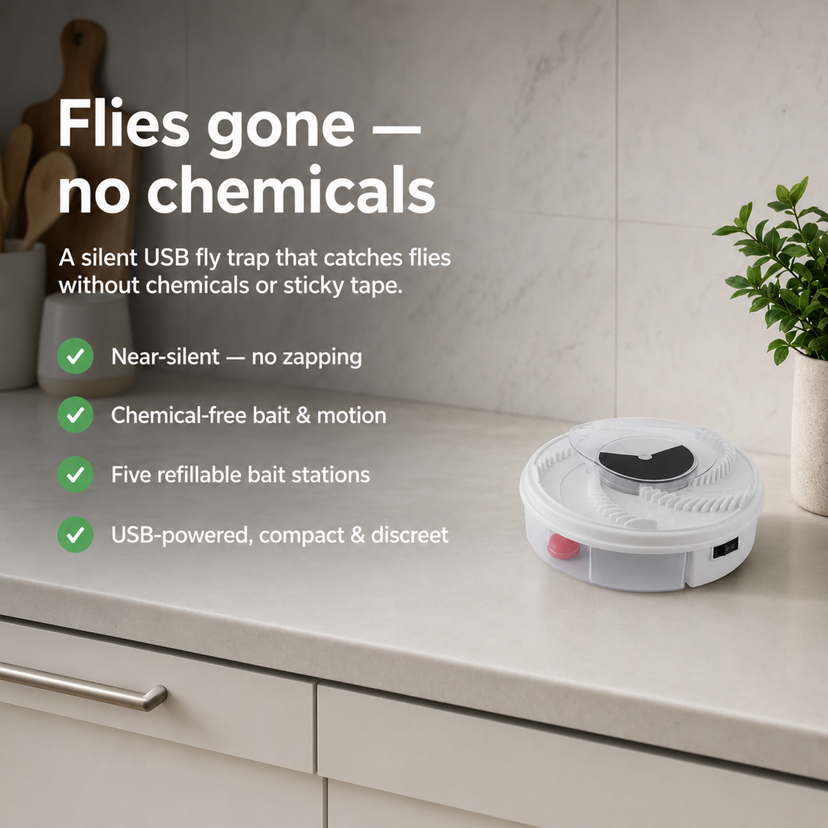 Muscora – Silent USB Fly Trap with 5 Bait Stations & Rotating Arm for Chemical-Free Pest Control