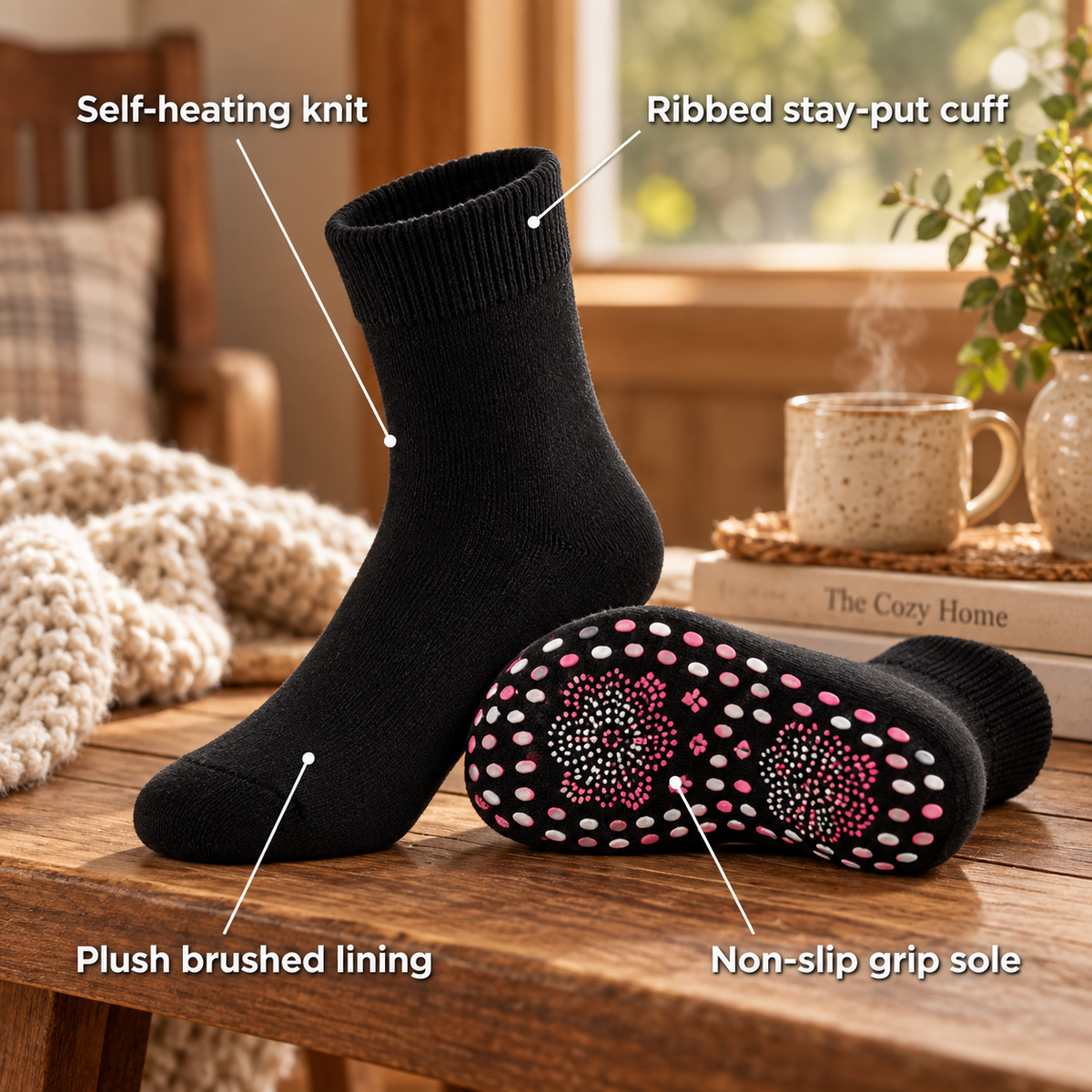 Emberly – Self-Heating Thermal Socks for Women with Non-Slip Sole & Ultra-Soft Insulating Knit