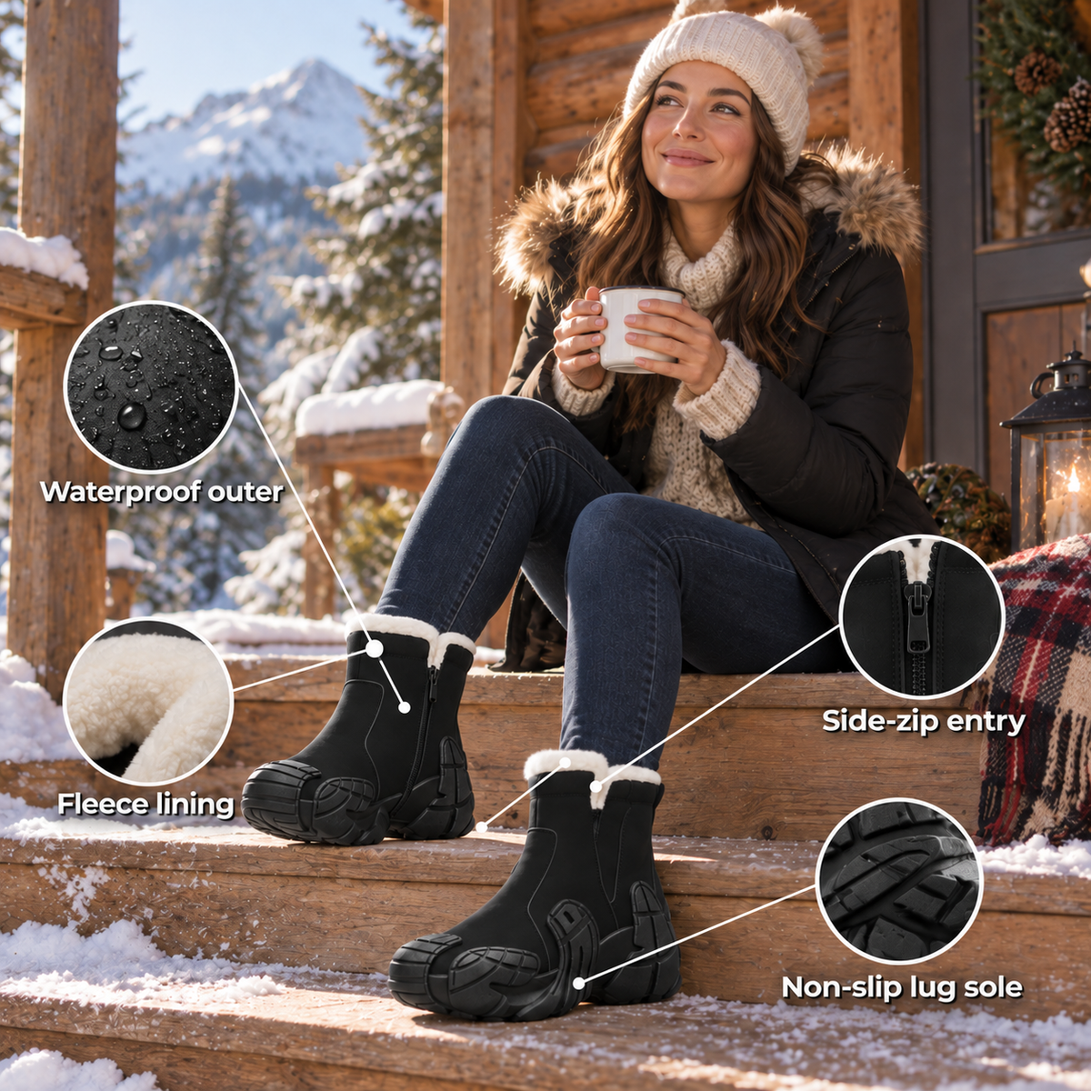 Torvex – Fleece-Lined Waterproof Winter Boots with Side Zip, Non-Slip Sole & Ankle Support