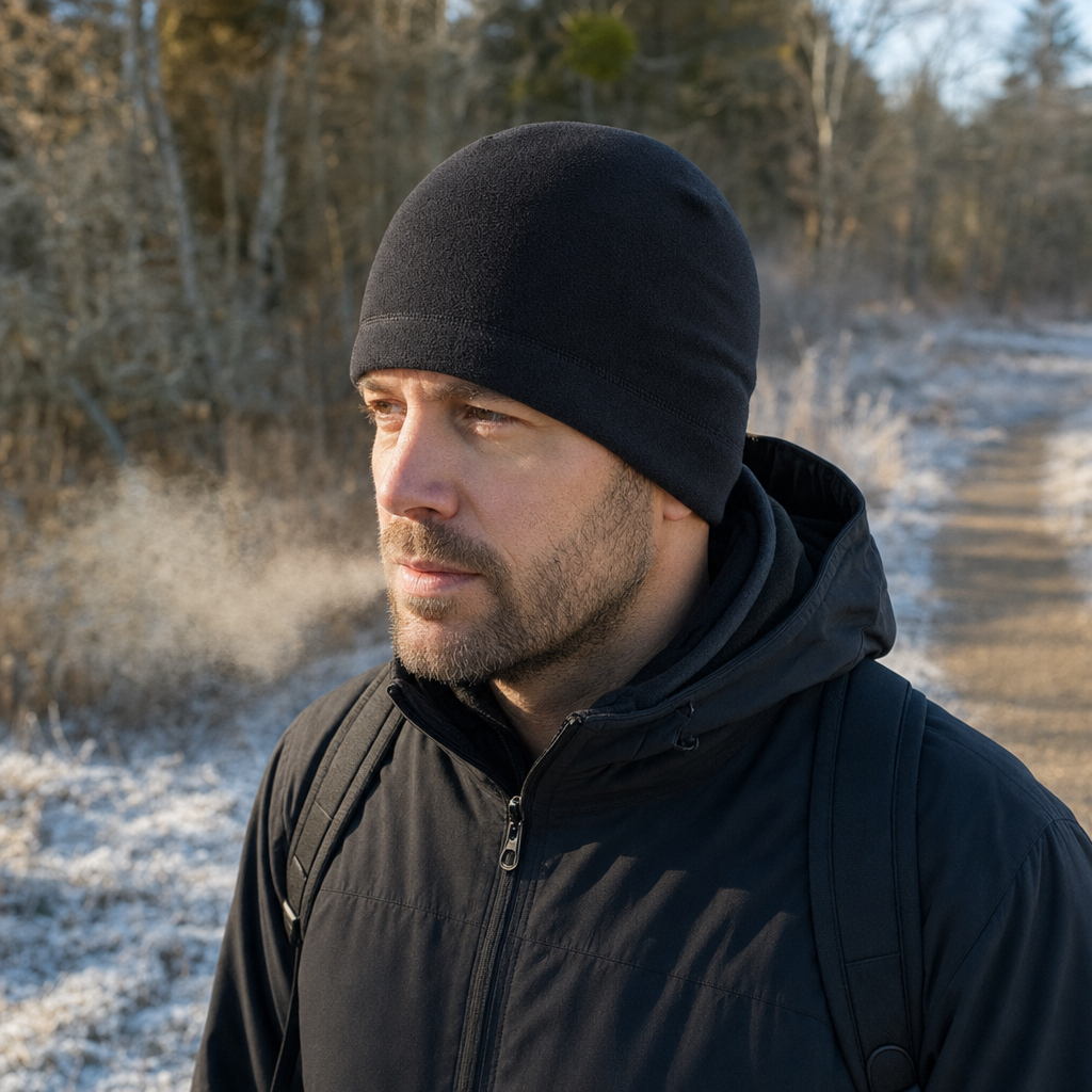 Person wearing the Polara beanie outdoors in winter