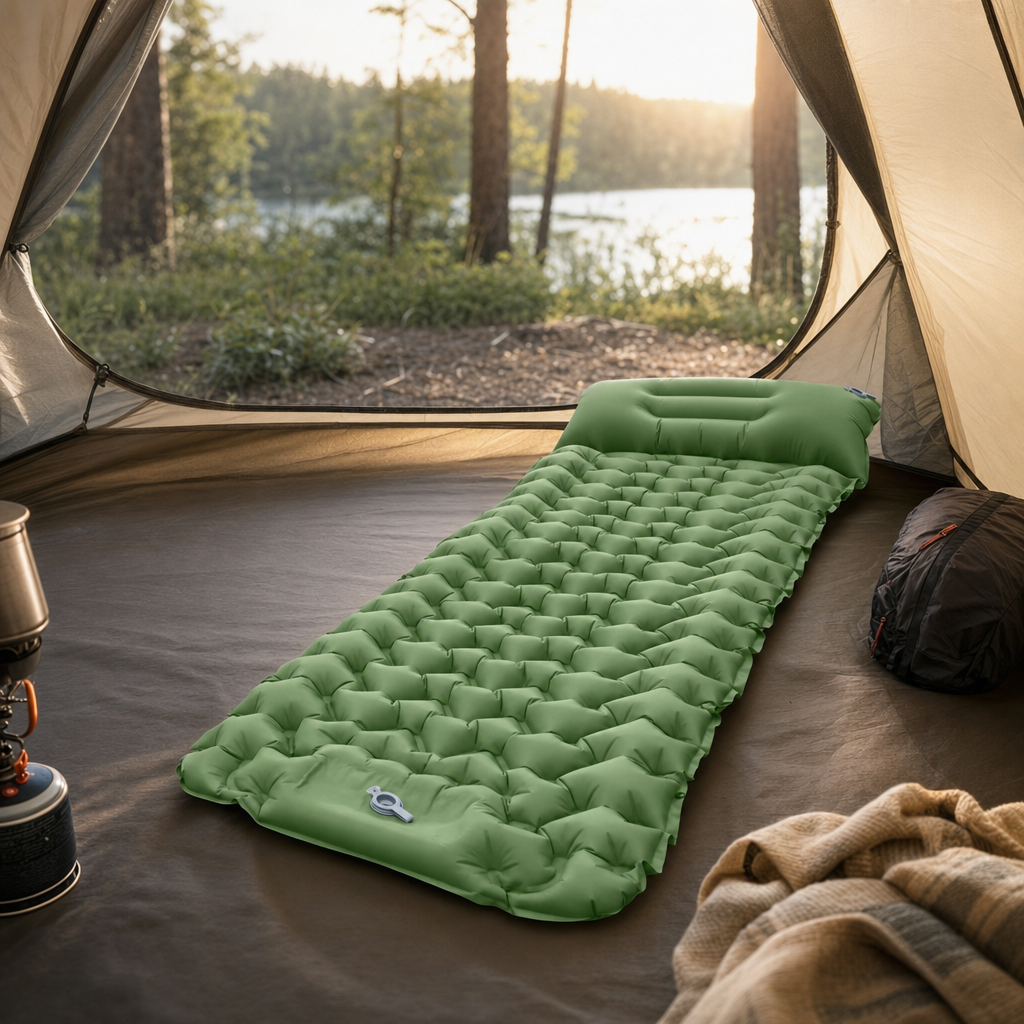 Camper resting on the Slumbra sleeping mat in a tent