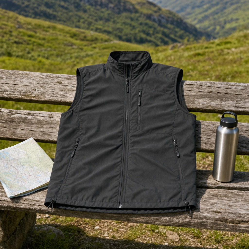 Ventova hiking gilet on a trail bench