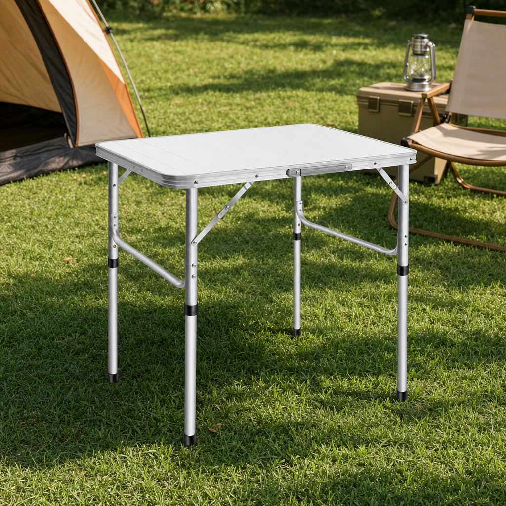 Tavora folding camping table set up at a campsite