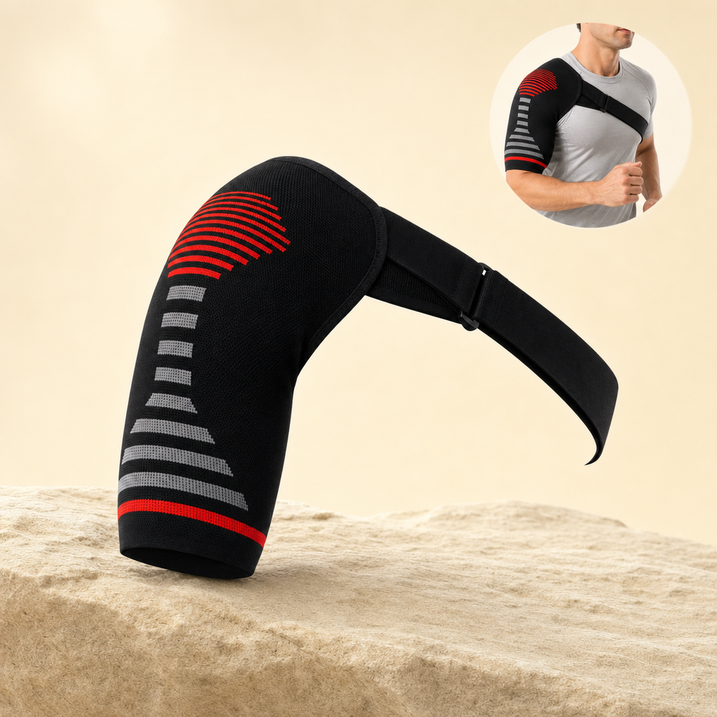 Firmora red compression shoulder sleeve on a sandstone ledge with a product-in-use inset