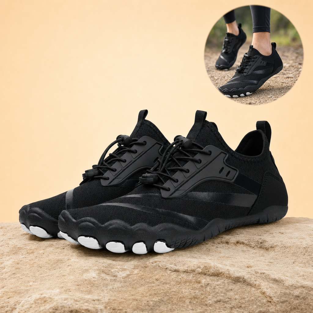 Nimbra barefoot trainers in black on a rock ledge, in-use inset