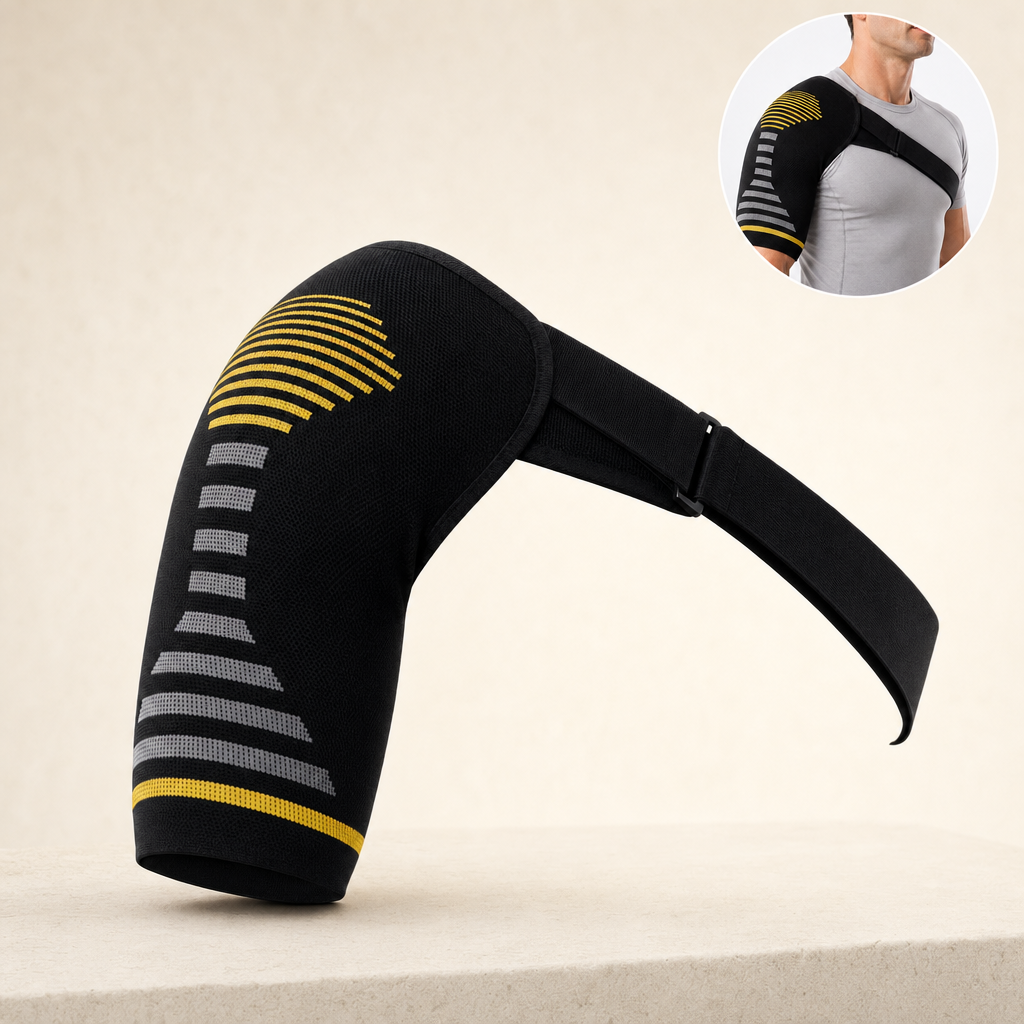 Firmora yellow compression shoulder sleeve on a sandstone ledge with a product-in-use inset
