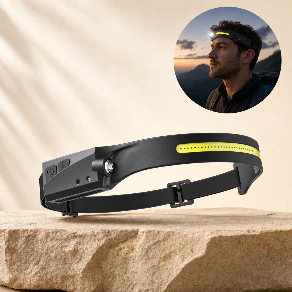 Lumora LED headlamp on a sandstone ledge with in-use inset