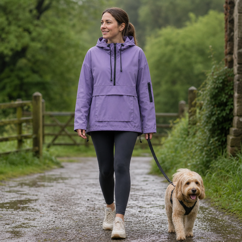 Woman wearing the Rainova waterproof jacket on a park path