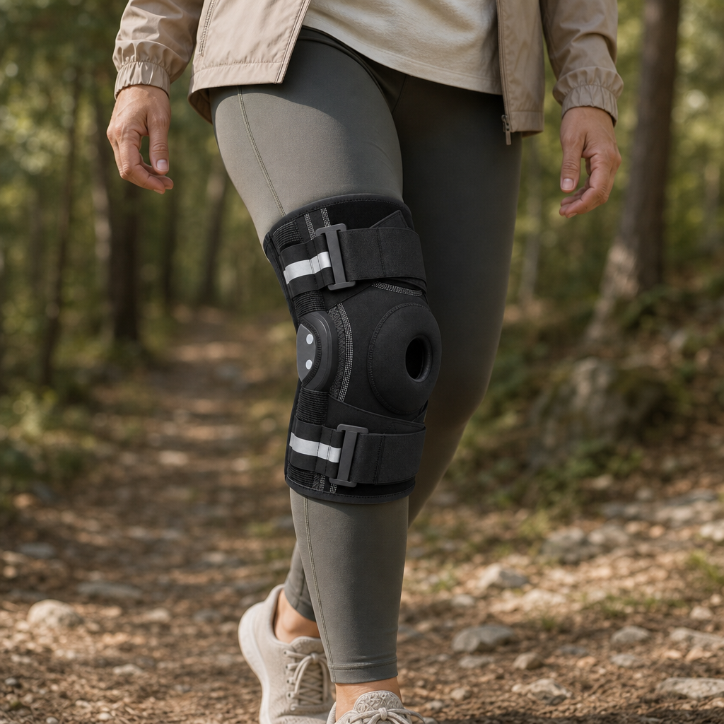Person wearing the Steadora knee brace outdoors on a walk