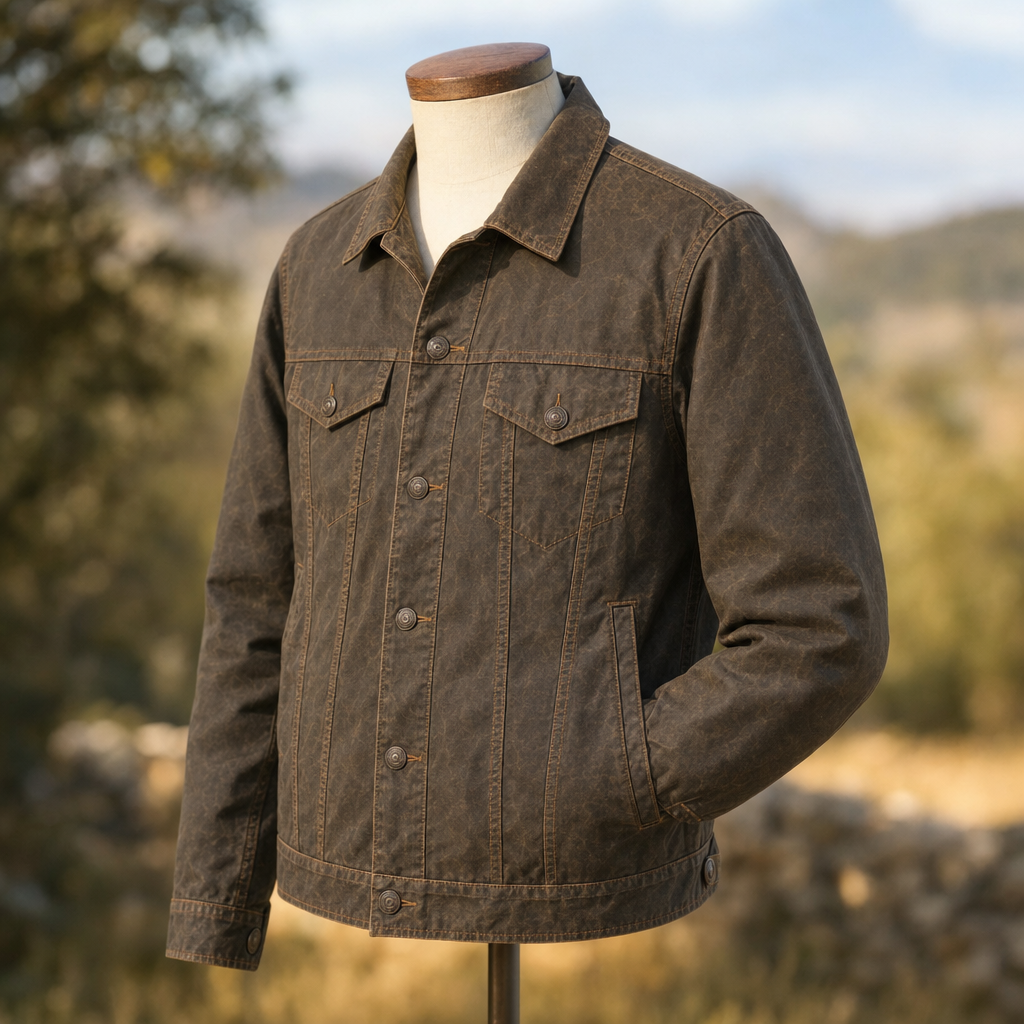 Brown waxed trucker jacket three-quarter view