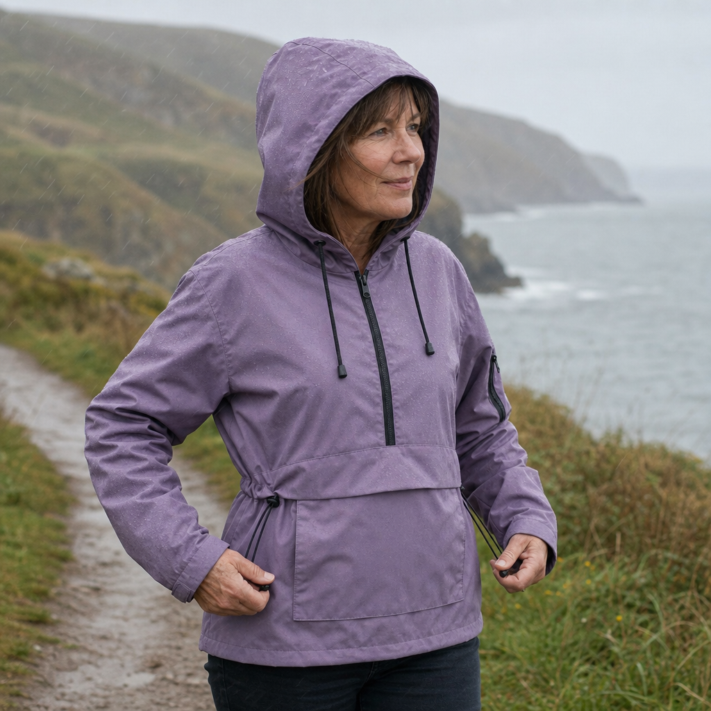 Woman wearing the Rainova waterproof jacket on a coastal path