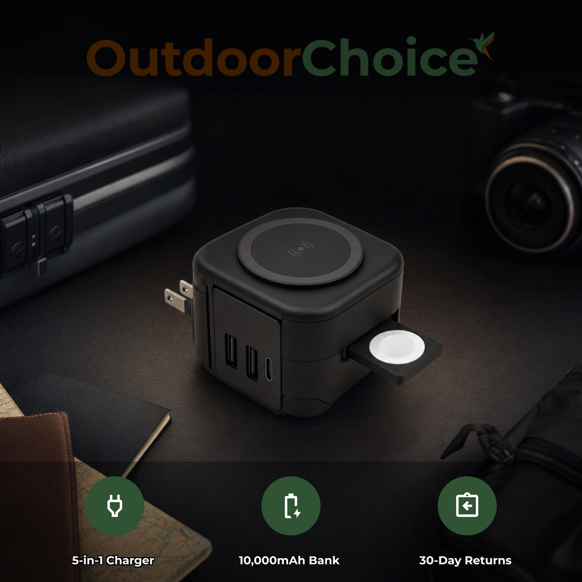 OutdoorChoice quality badges: 5-in-1 Charger, 10,000mAh Bank, 30-Day Returns