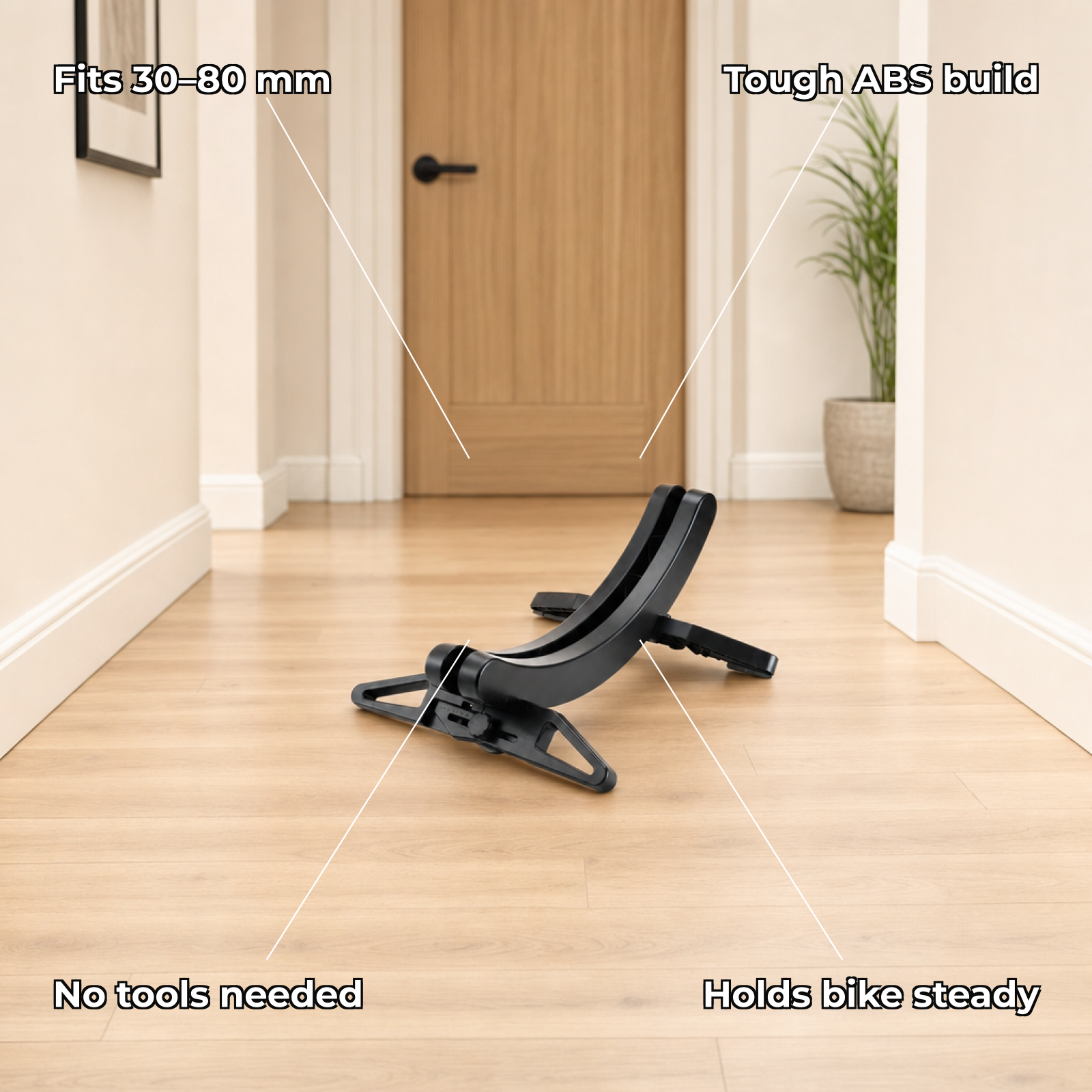 Velora features: fits 30-80mm, durable ABS, no tools, holds steady