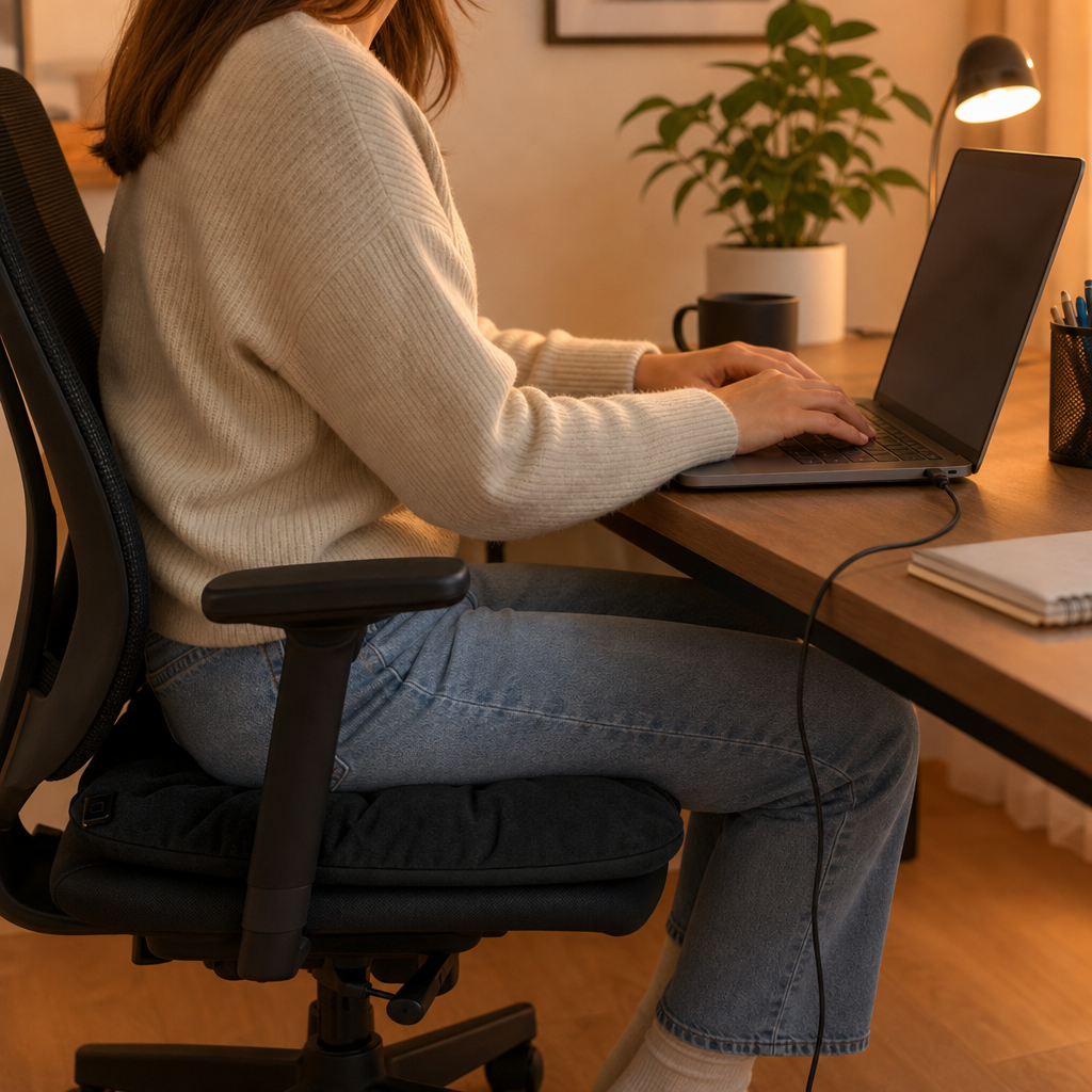 Person using the Calora heated cushion at a home desk
