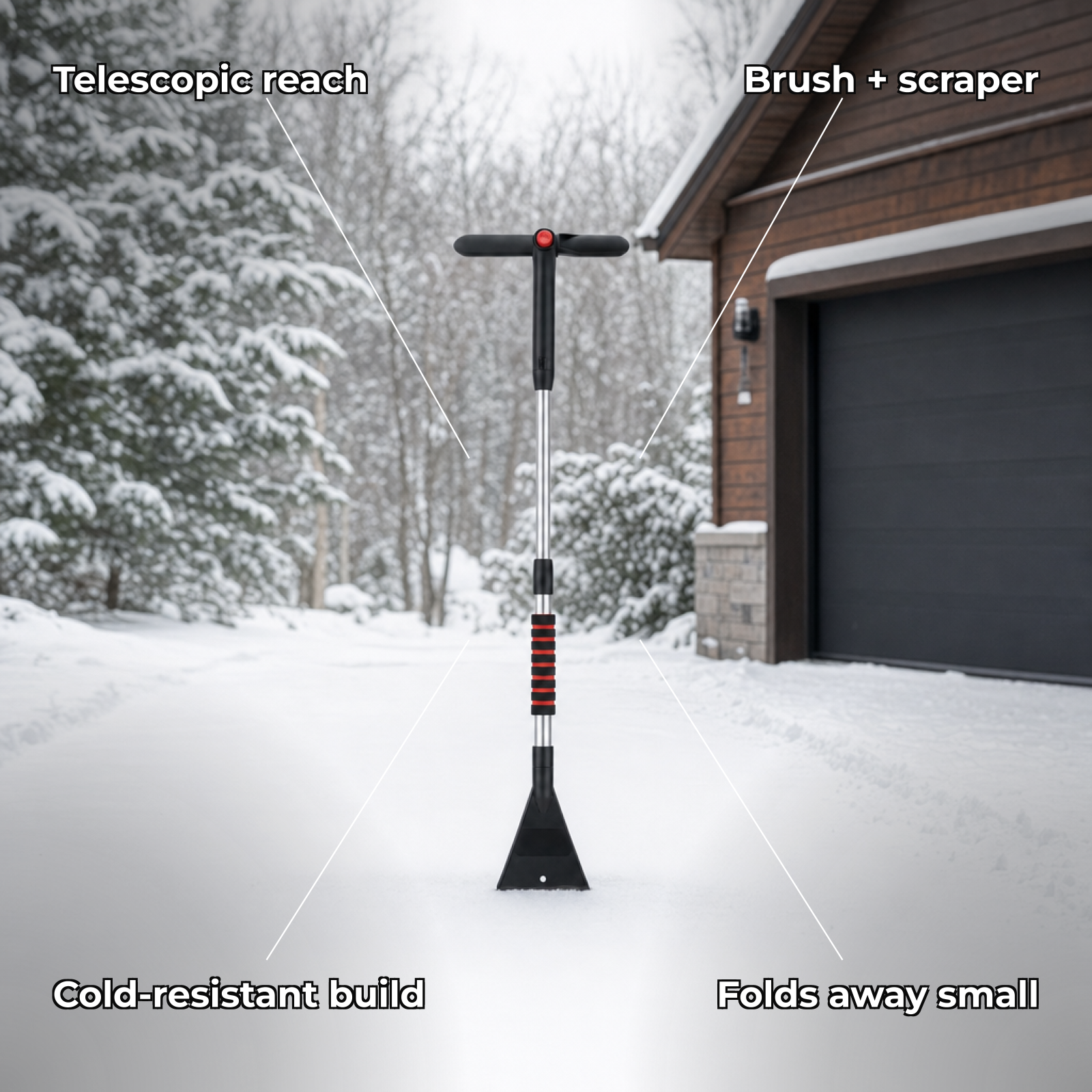 Frostra features: telescopic reach, brush and scraper, cold-resistant, folds away