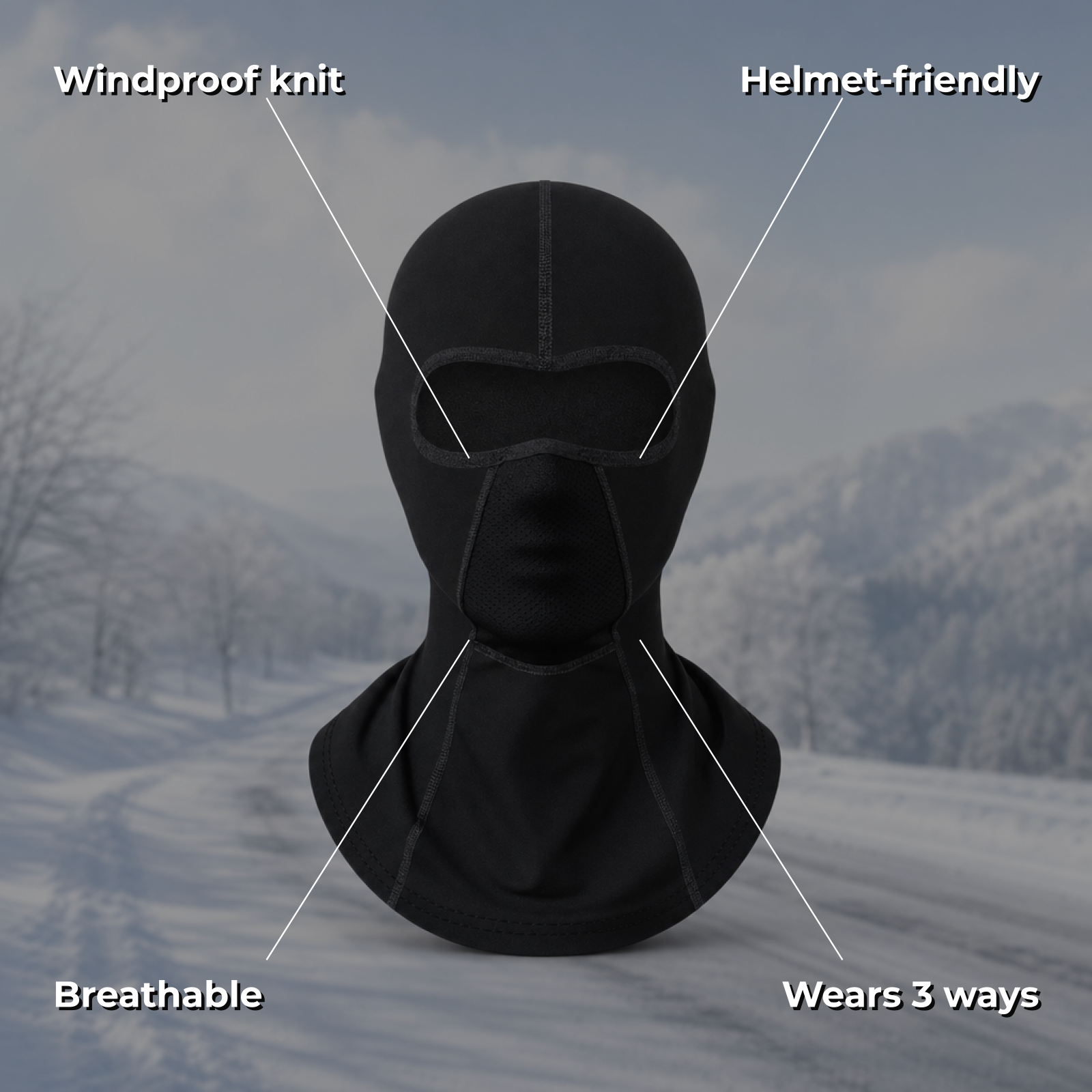 Frostia features - windproof knit, helmet-friendly, breathable, wears 3 ways