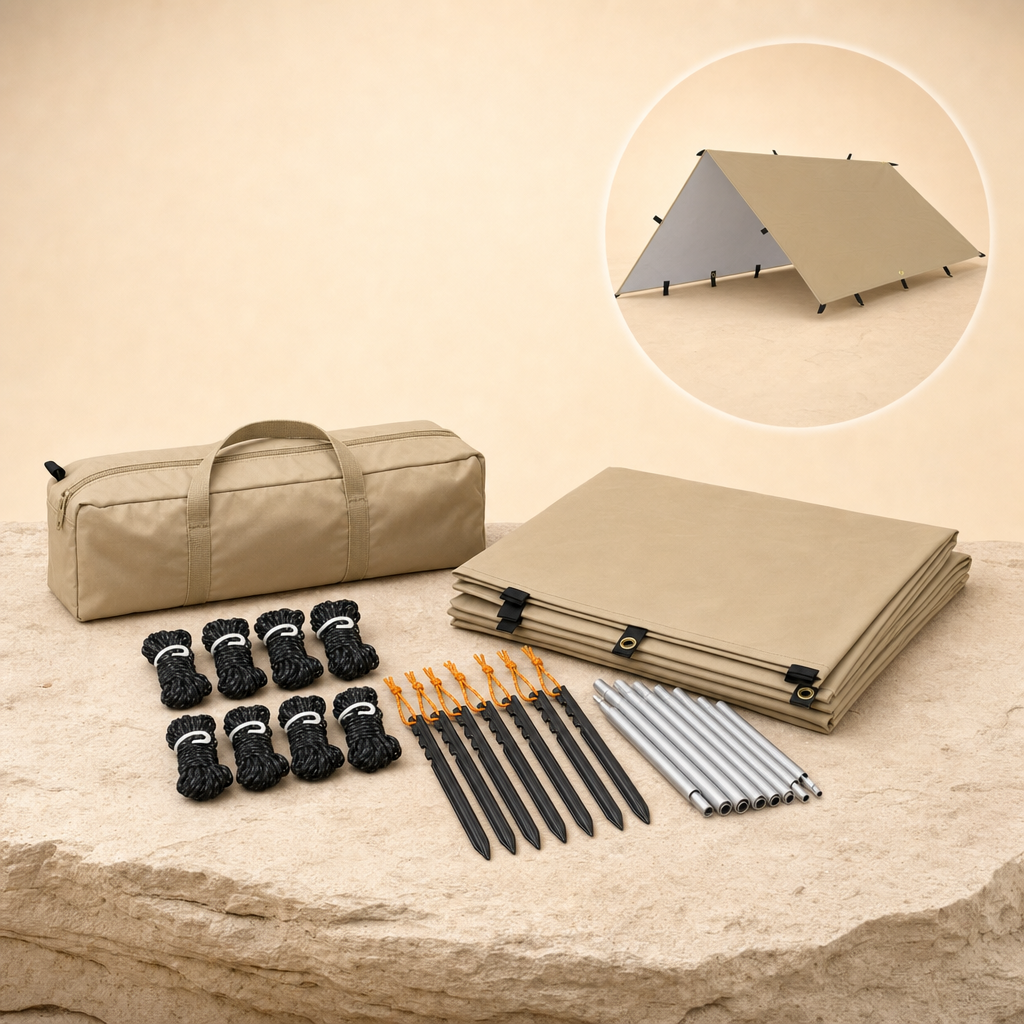 Canora beige tarp with storage bag and in-use inset