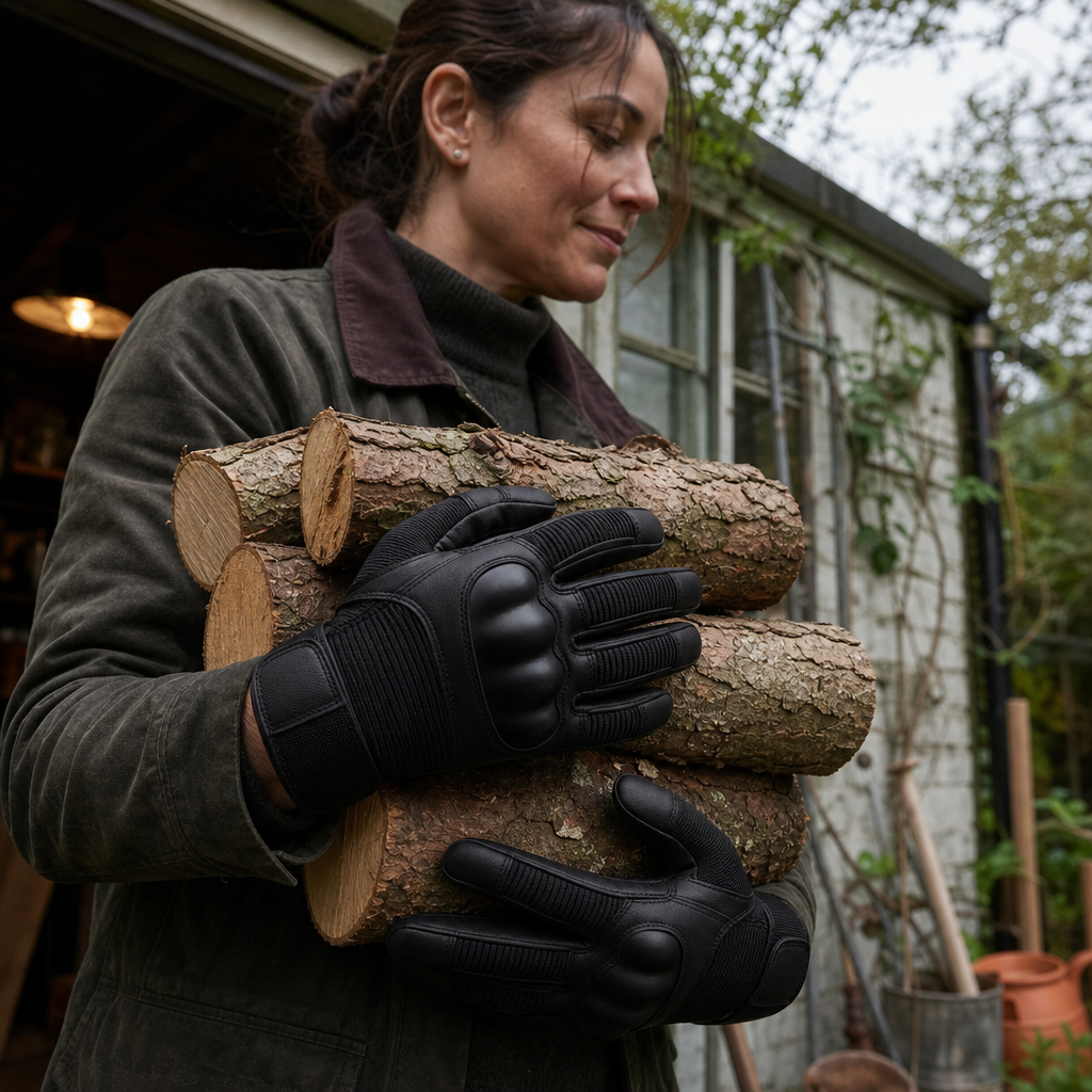Woman carrying logs wearing Gauntra outdoor gloves