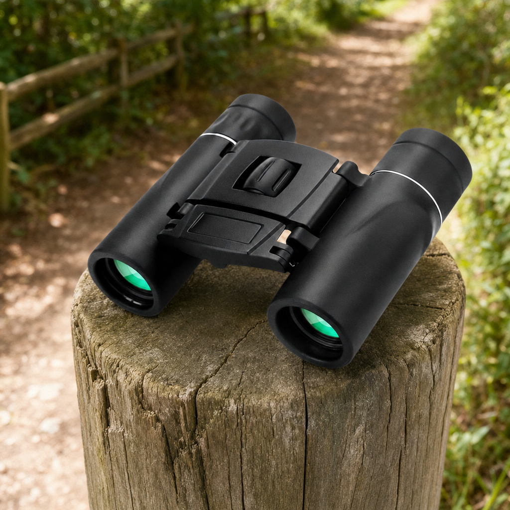 Vistora compact binoculars close-up on a wooden fence post