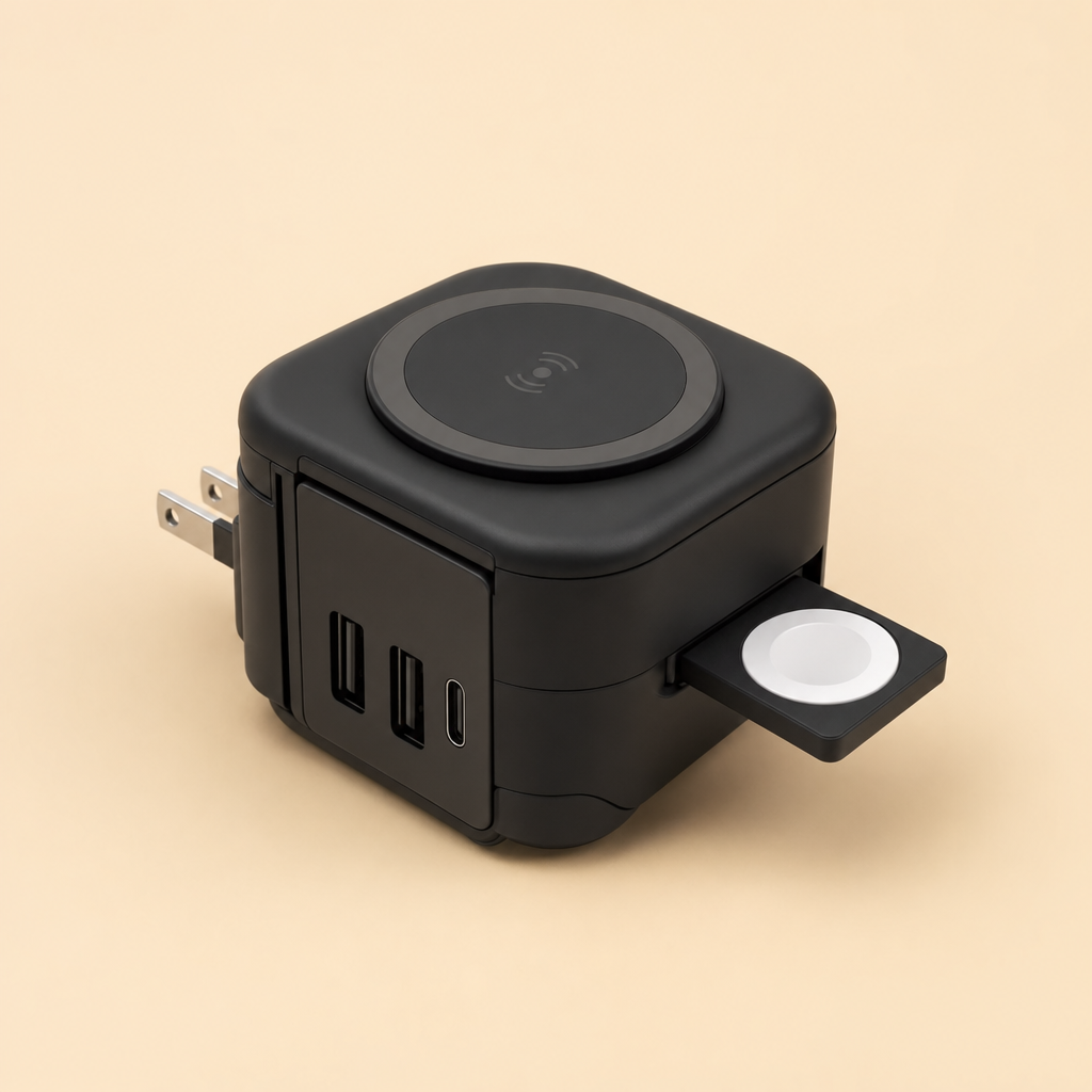 Voltara 5-in-1 travel wall charger in black, studio hero