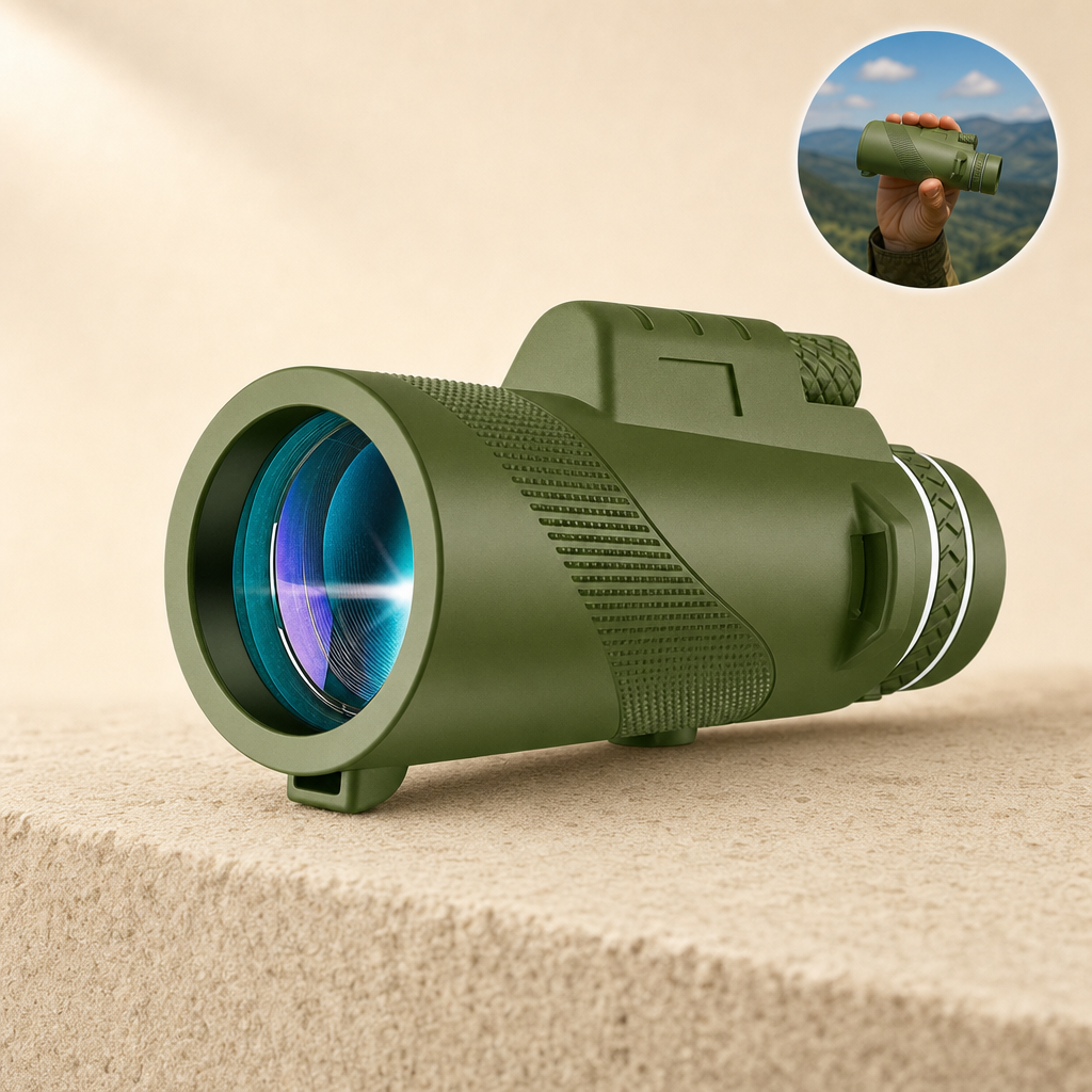 Scoutix monocular olive green on sandstone with round top-right in-use inset