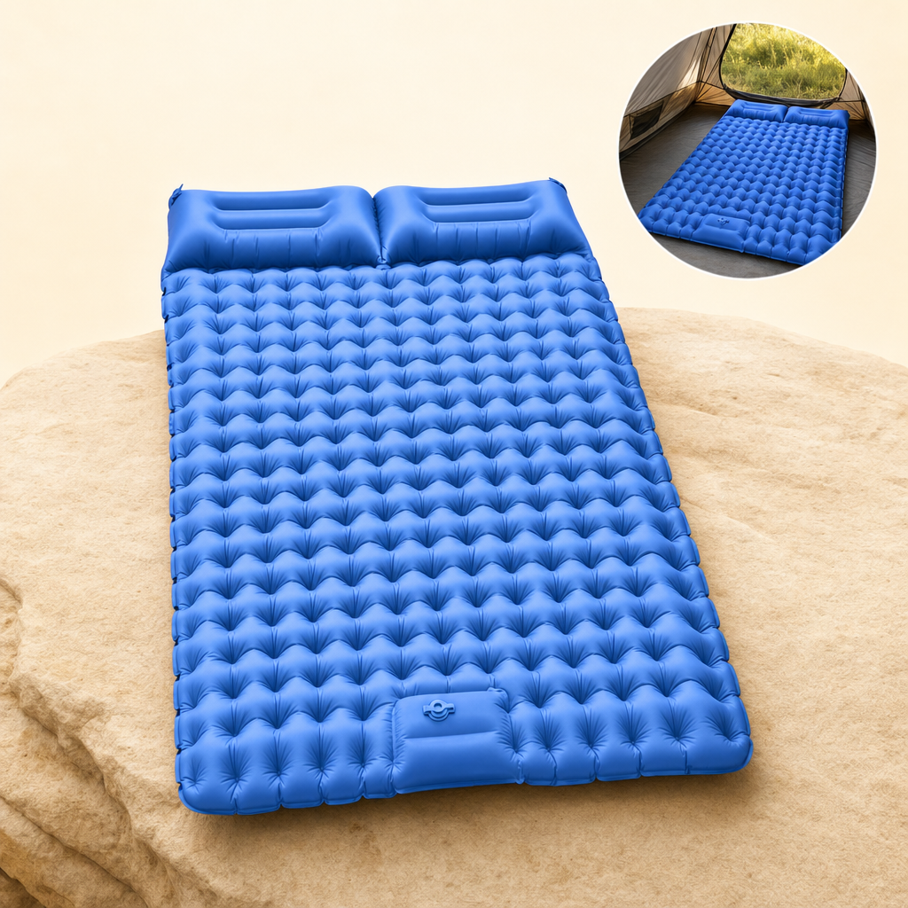 Nestora sleeping pad royal blue on rock ledge with in-use inset