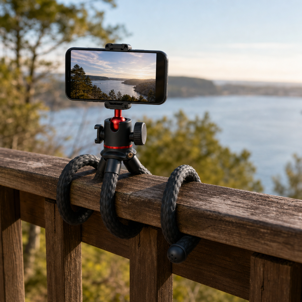 Flexora octopus tripod wrapped on a railing holding a phone