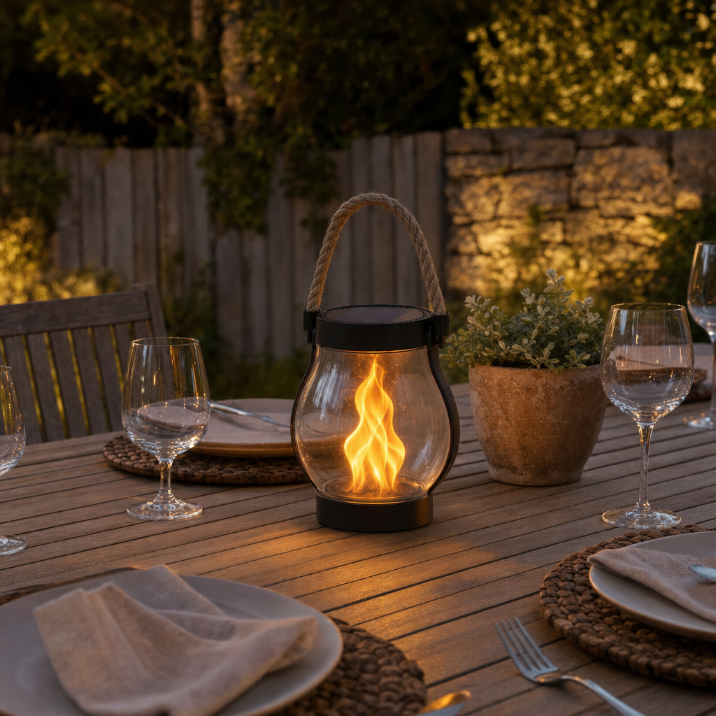 Embora lantern glowing on an outdoor patio dining table in the evening