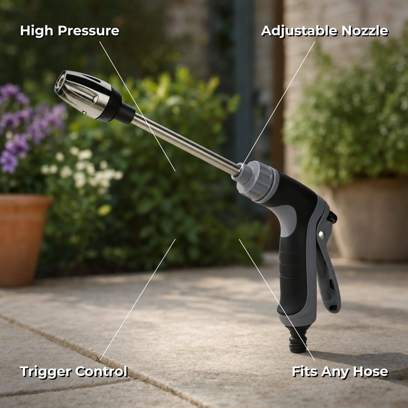 Jetora spray gun features: high pressure, adjustable nozzle, trigger control, fits any hose