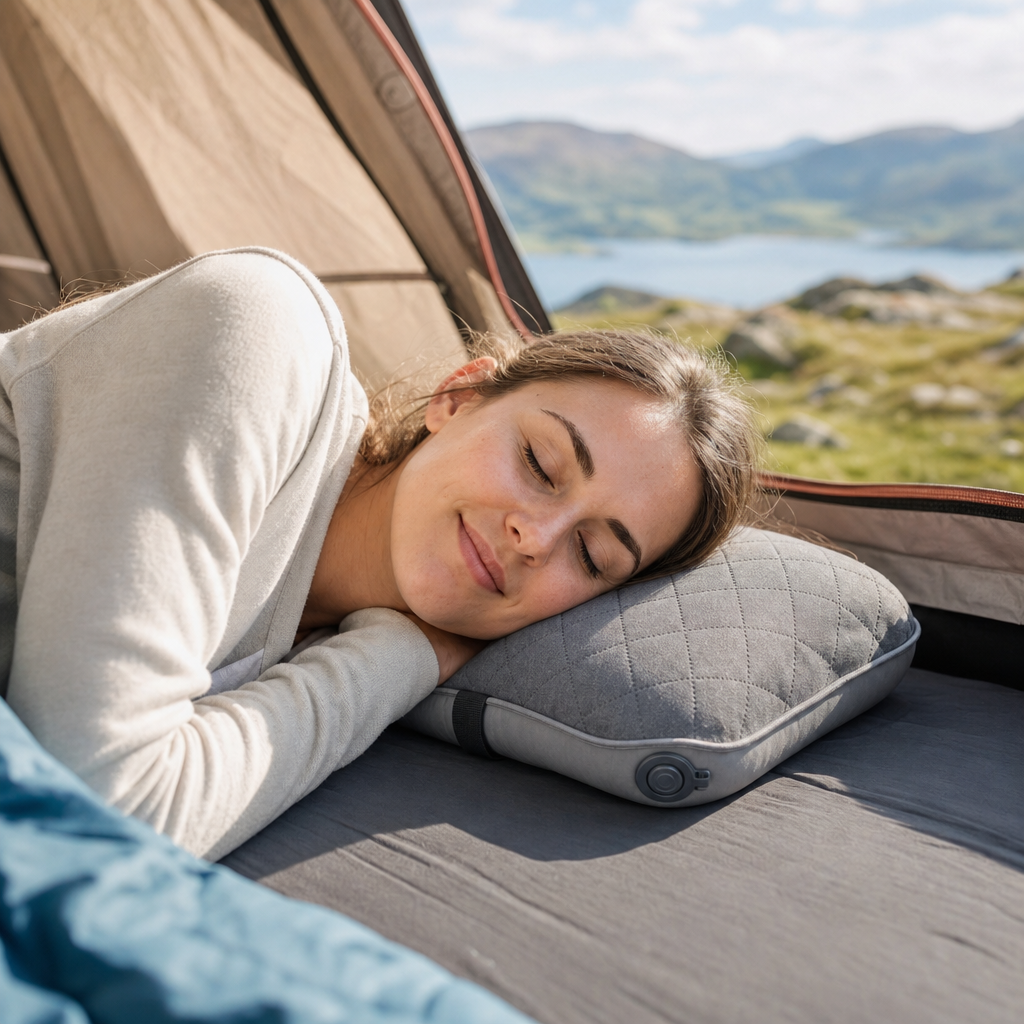 Woman resting on the Loftra camping pillow in a tent