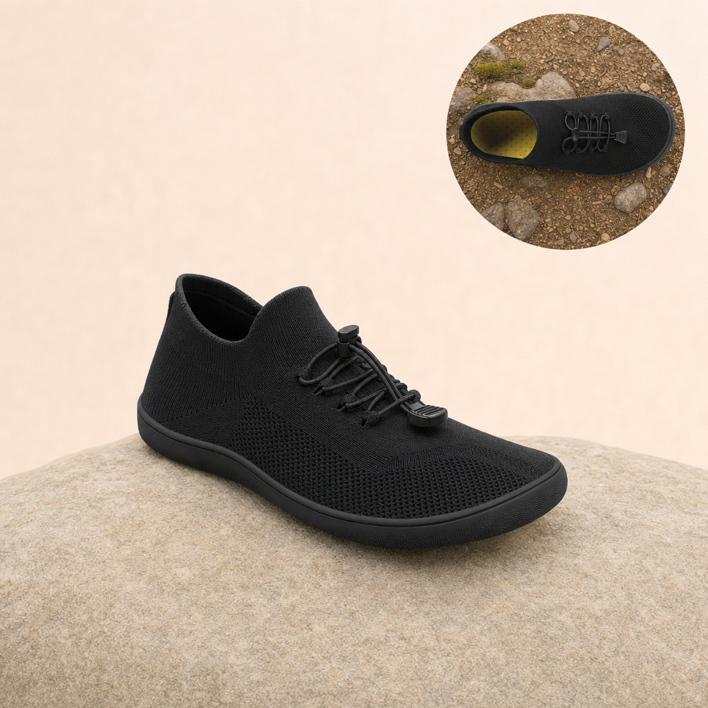 Strova barefoot walking shoes – Black Coal on sandstone with in-use inset