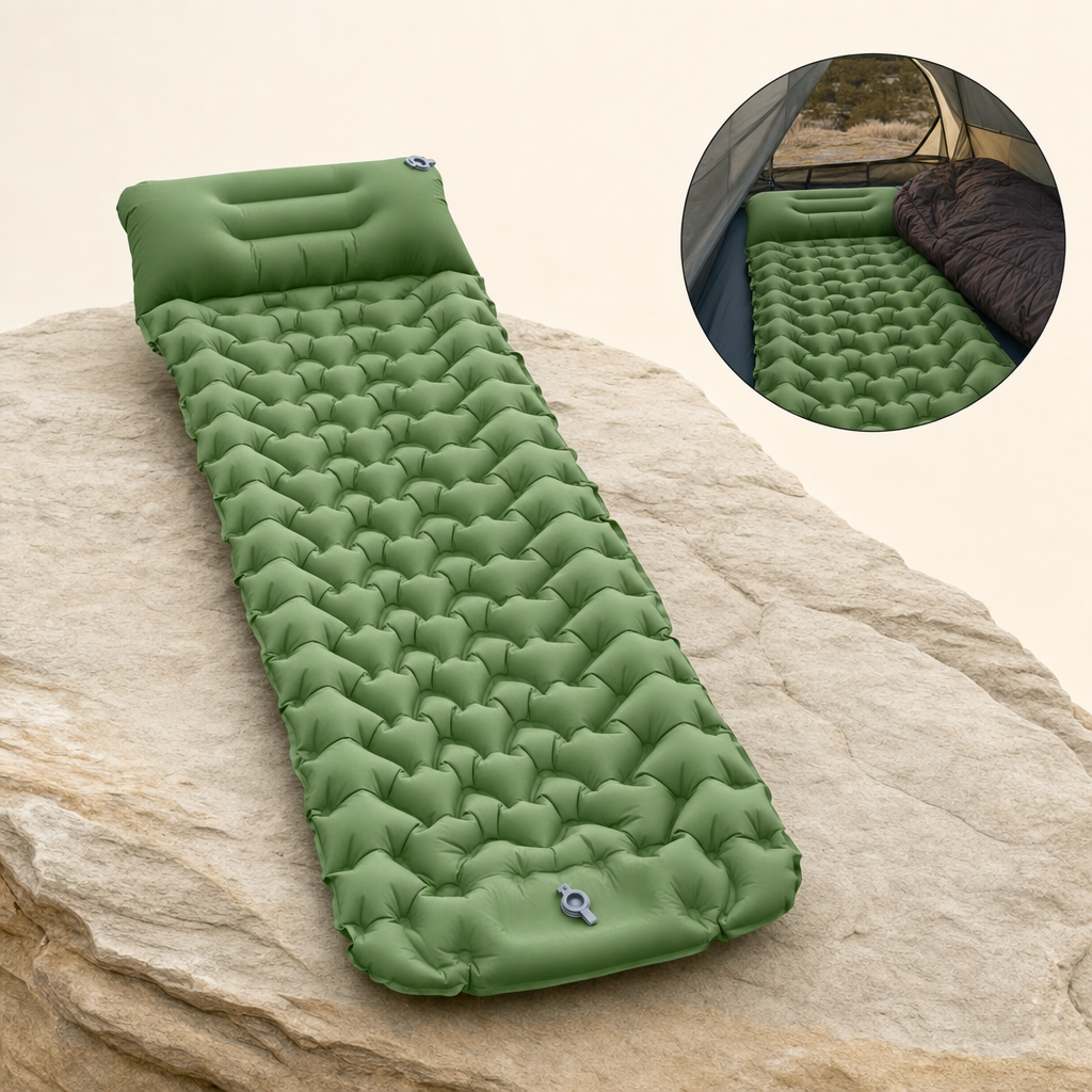 Slumbra green inflatable sleeping mat with in-use inset