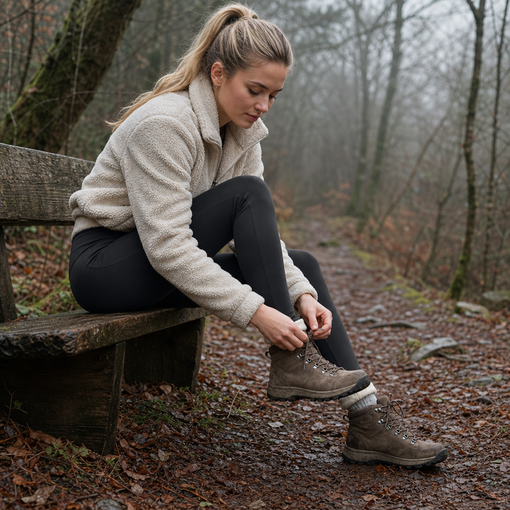 Woman on a woodland trail wearing Cosyra thermal leggings