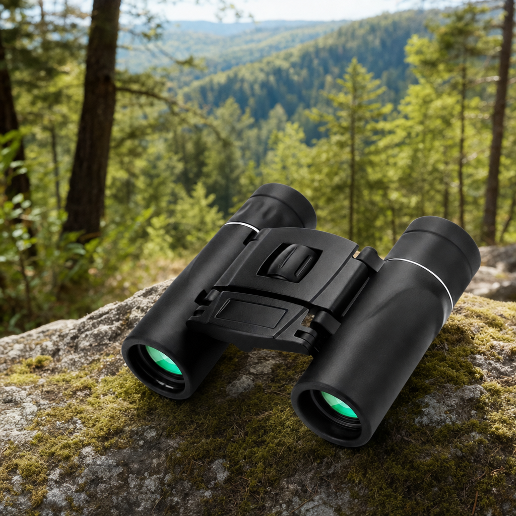 Vistora compact binoculars on a mossy rock in woodland