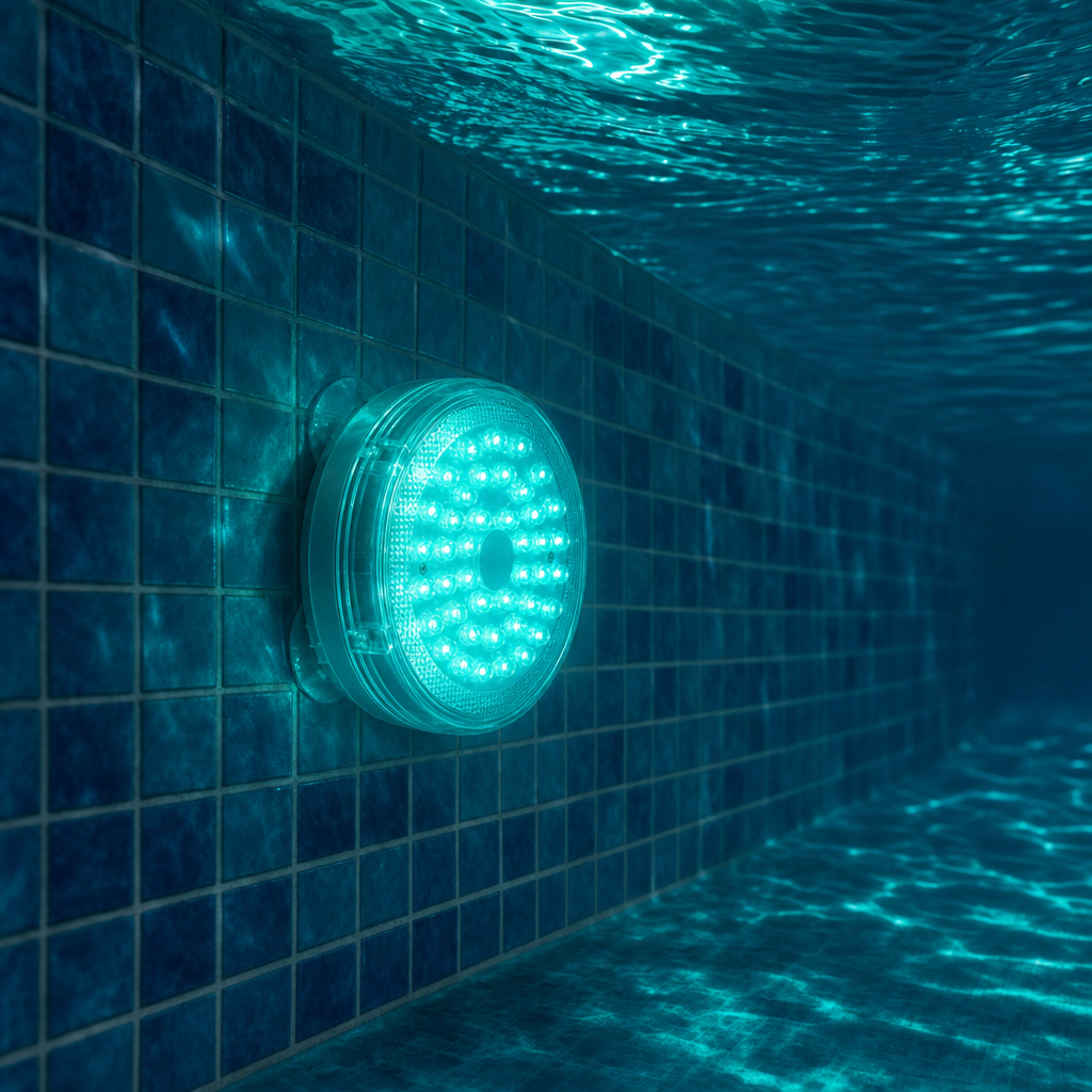 Divora LED light glowing on a pool wall at dusk