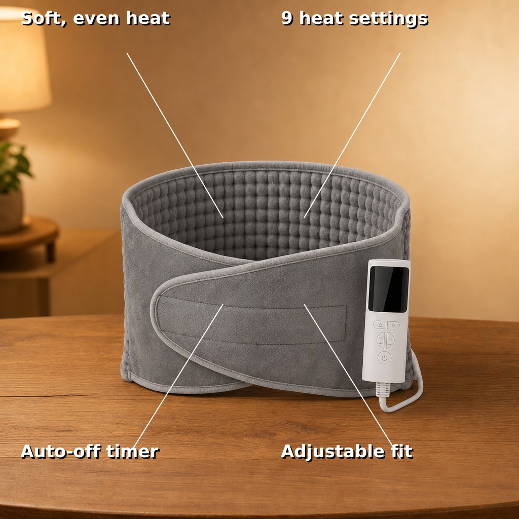Warmora features: soft even heat, 9 settings, timer, adjustable fit