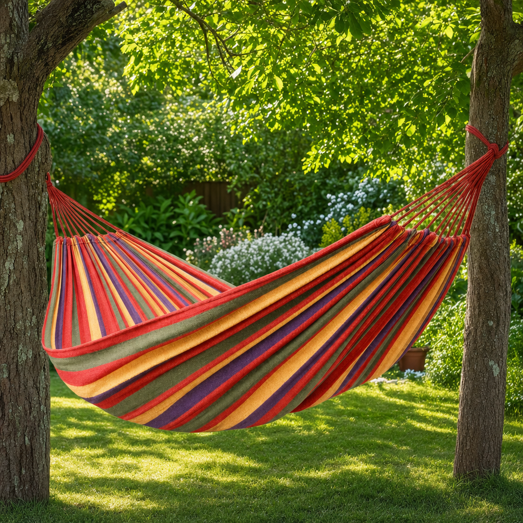 Lounora striped canvas hammock strung between trees