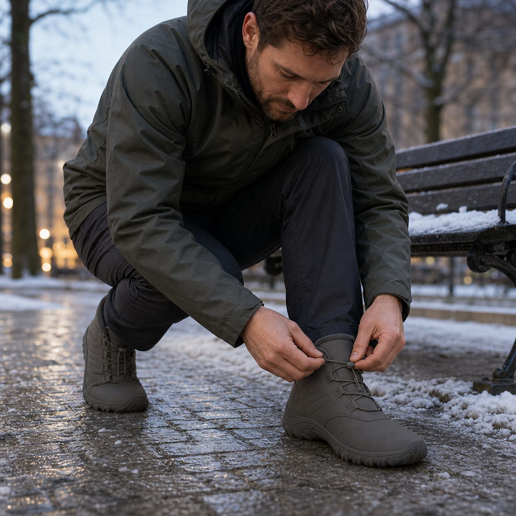 Man tightening the lace toggle of his grey Glacova winter barefoot shoes in a snowy park