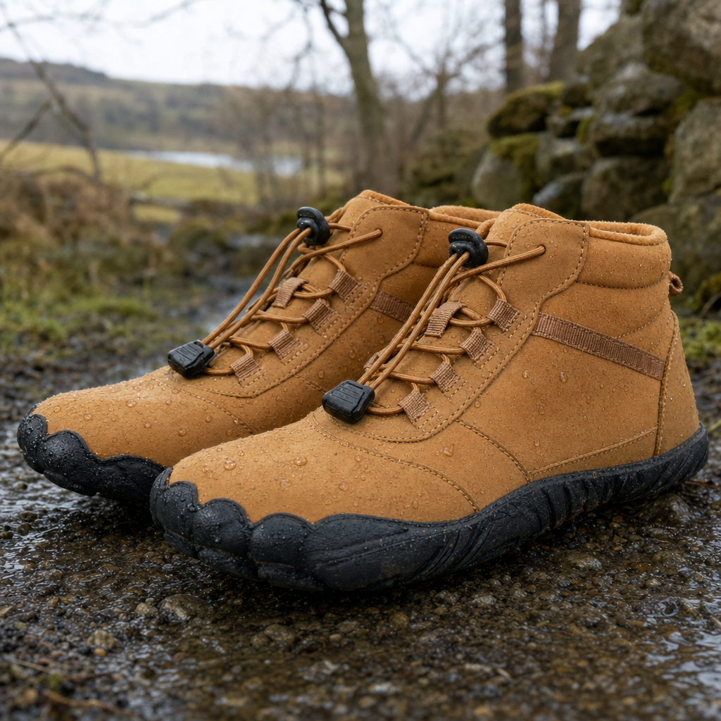 Wandora barefoot winter boots close-up on wet gravel