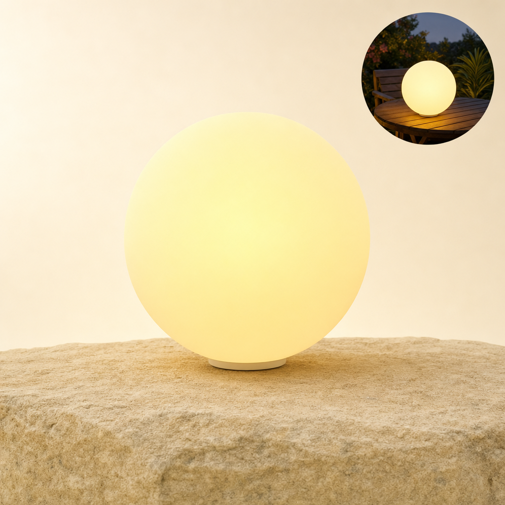 Orblux garden sphere on sandstone with in-use inset