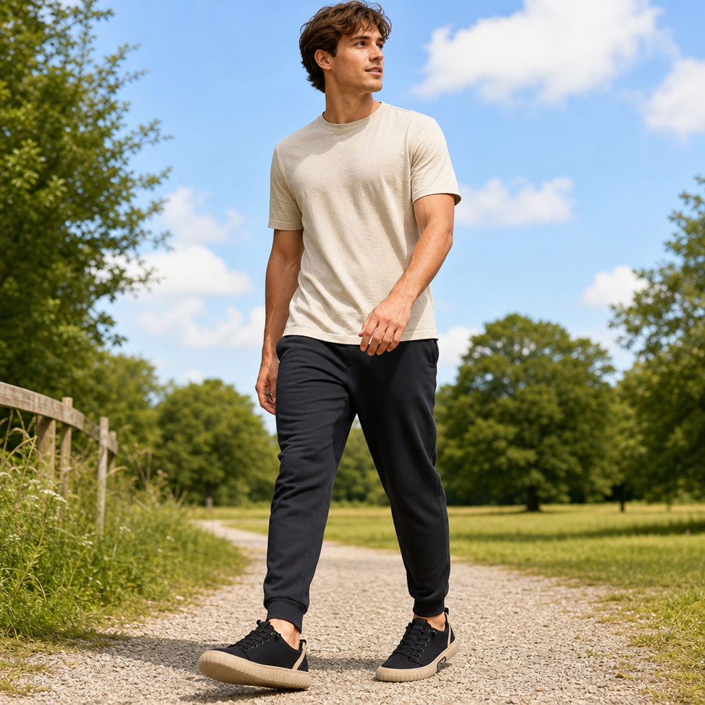 Man walking a gravel park path wearing Stepra barefoot walking shoes