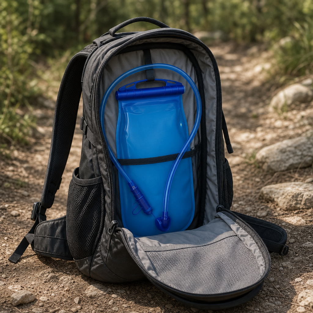Hydora hydration bladder in an open hydration backpack on a trail