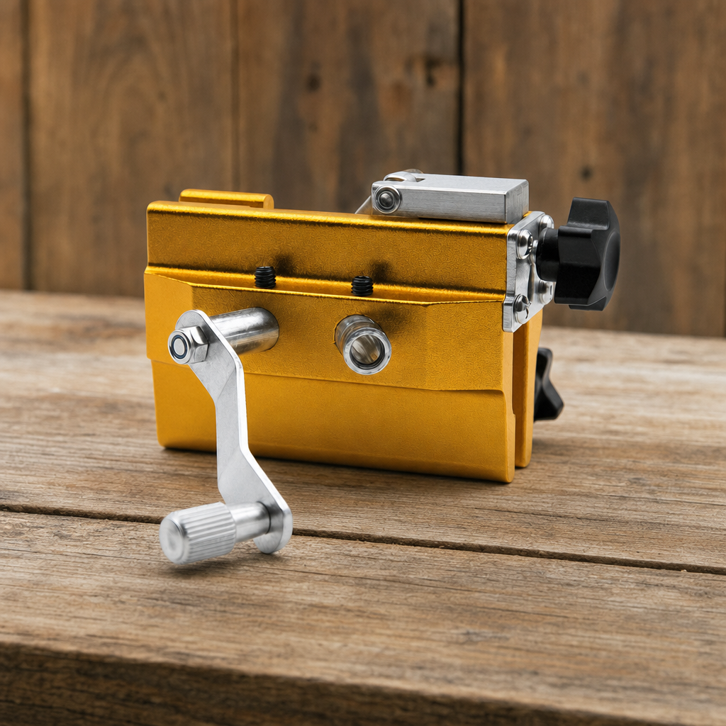 Edgera chainsaw sharpener jig on a workshop bench
