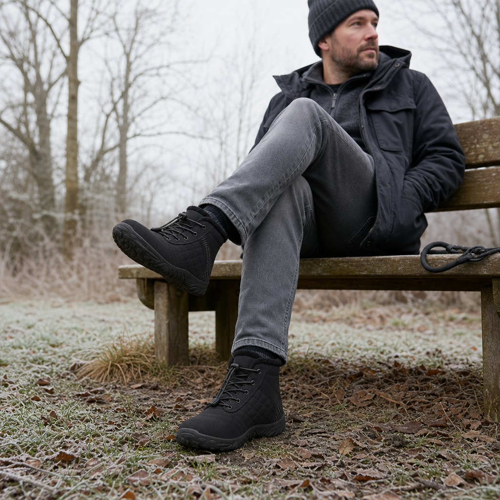 Glacix winter barefoot shoes worn on a park bench in winter