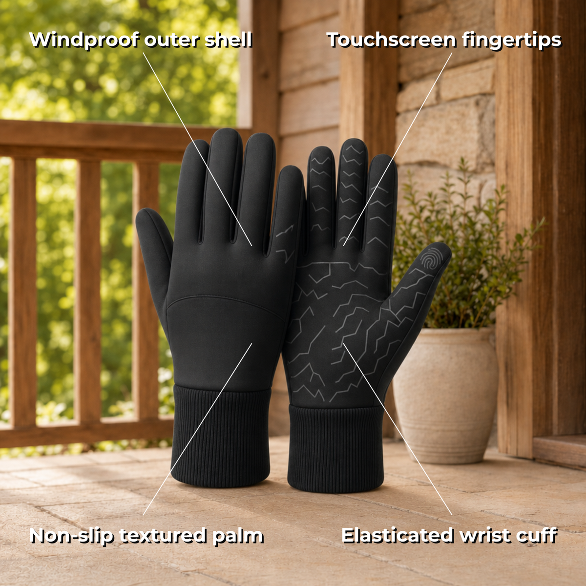 Thermix glove features: windproof shell, touchscreen fingertips, non-slip palm, elasticated cuff