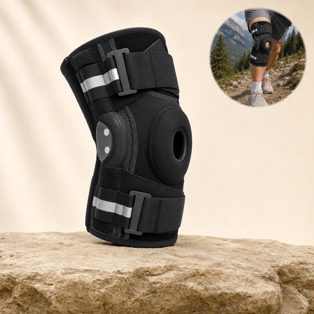 Steadora hinged knee brace on a sandstone ledge with an in-use inset